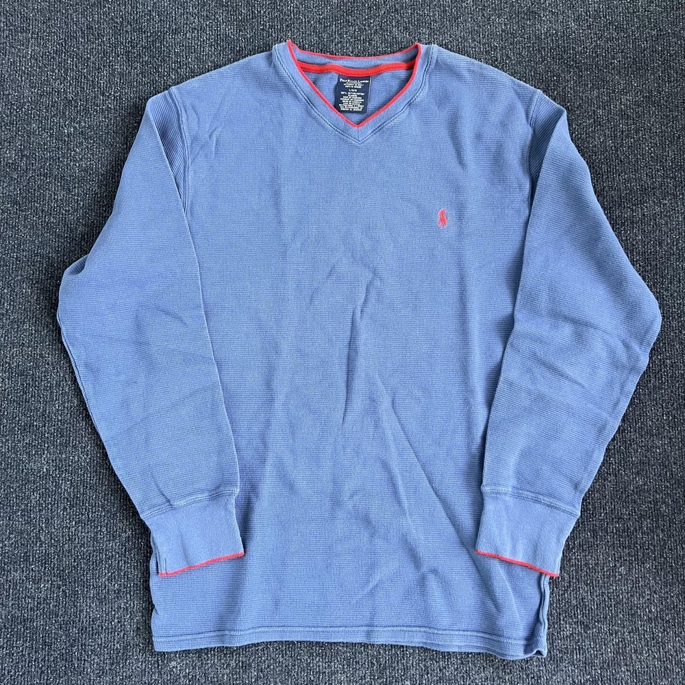 Polo Ralph Lauren Pajama Top Mens Large Blue Waffle Knit V Neck Sleepwear Lounge